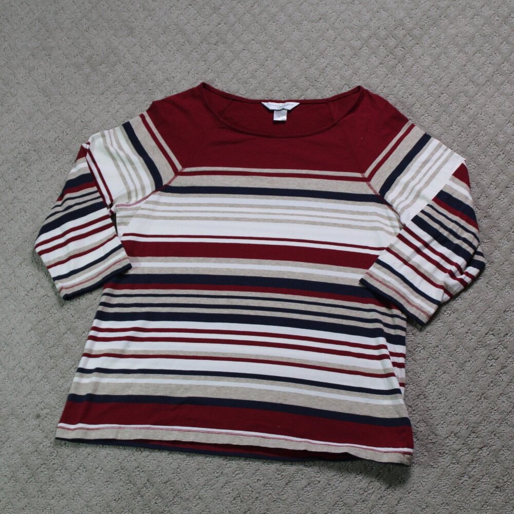 Christopher & Banks Petite Size P/L Maroon Tan Striped 3/4 Sleeve Knit Shirt